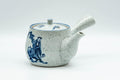 Tezumi — Japanese Kyusu - Blue and Grey Bamboo Villagers Debeso Teapot - 220ml — side view with the lid and side handle