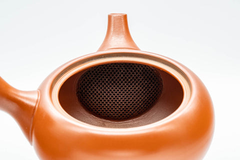 Japanese Kyusu - 高資窯 Takasuke Kiln - Sasame Filter Tokoname-yaki Teapot - 300ml - lid removed showing the sasame clay filter inside