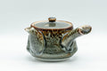 Japanese Tea Set - Drip-Glazed Debeso Kyusu Teapot with 5 Yunomi Teacups - front view of the teapot with lid in place