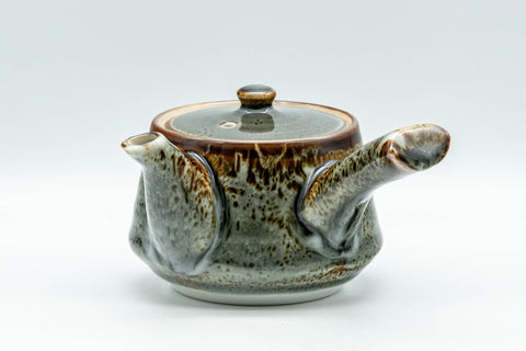 Japanese Tea Set - Drip-Glazed Debeso Kyusu Teapot with 5 Yunomi Teacups - front view of the teapot with lid in place