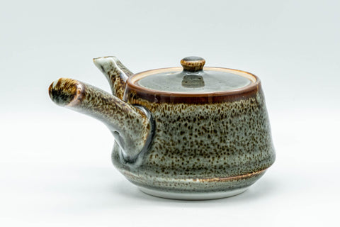 Japanese Tea Set - Drip-Glazed Debeso Kyusu Teapot with 5 Yunomi Teacups - side view of the green and brown drip-glazed teapot