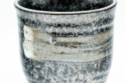 Tezumi — Japanese Teacup - Hakeme Spotted Black Glazed Yunomi - 180ml — tipped to show the interior