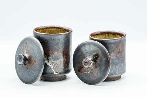 Tezumi — Japanese Teacups - Pair of Drip-Glazed Lidded Meoto Yunomi — front view