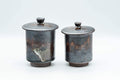 Tezumi — Japanese Teacups - Pair of Drip-Glazed Lidded Meoto Yunomi — front view from another angle