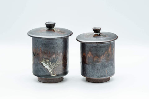 Tezumi — Japanese Teacups - Pair of Drip-Glazed Lidded Meoto Yunomi — front view from another angle