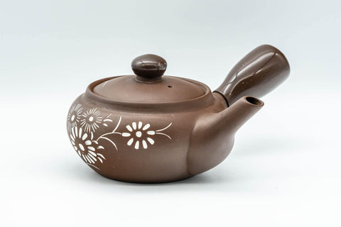 Japanese Kyusu - Floral White and Brown Teapot with Rubber Grip - 250ml - Tezumi