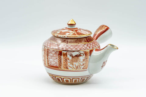 Tezumi — Japanese Kyusu - Red and Golden Geometric Patterned Katani-yaki Debeso Teapot - 200ml — three-quarter view