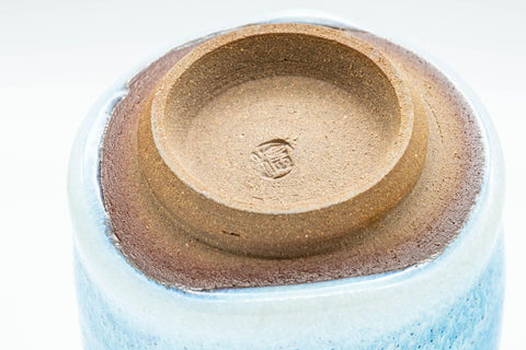 Tezumi — Japanese Teacup - Sky Blue Hare's Fur Glazed Guinomi - 55ml — inverted showing the foot ring