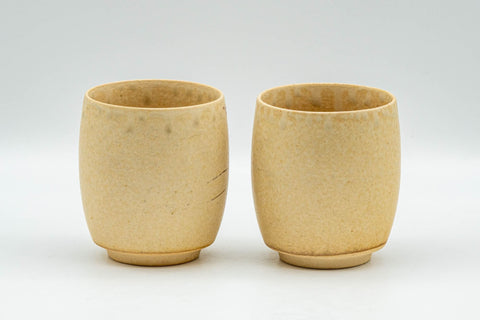 Japanese Tea Set - Floral Beige Glazed Debeso Dobin Teapot and 2 Yunomi Teacups - the pair of yunomi teacups showing the floral decoration