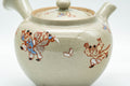 Japanese Tea Set - Banko-yaki Butterflies Kyusu Teapot and 2 Yunomi Teacups - closeup of the speckled grey glaze with butterfly and floral painting