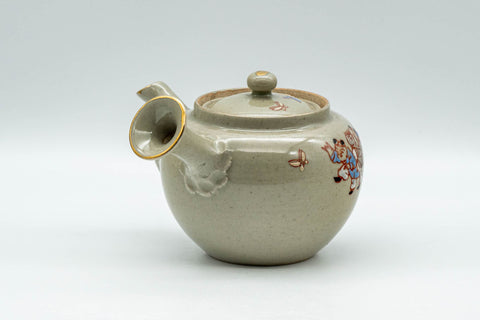 Japanese Tea Set - Banko-yaki Butterflies Kyusu Teapot and 2 Yunomi Teacups - three-quarter view showing the side handle and spout