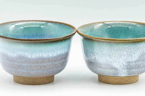 Japanese Teacups - Pair of Turquoise Drip-Glazed Agano-yaki Yunomi - 100ml - Tezumi