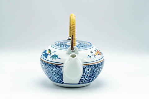 Japanese Dobin - Blue Floral Parrots White Debeso Teapot - 600ml - Tezumi