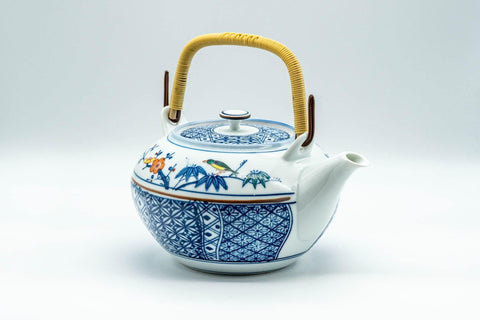 Japanese Dobin - Blue Floral Parrots White Debeso Teapot - 600ml - Tezumi
