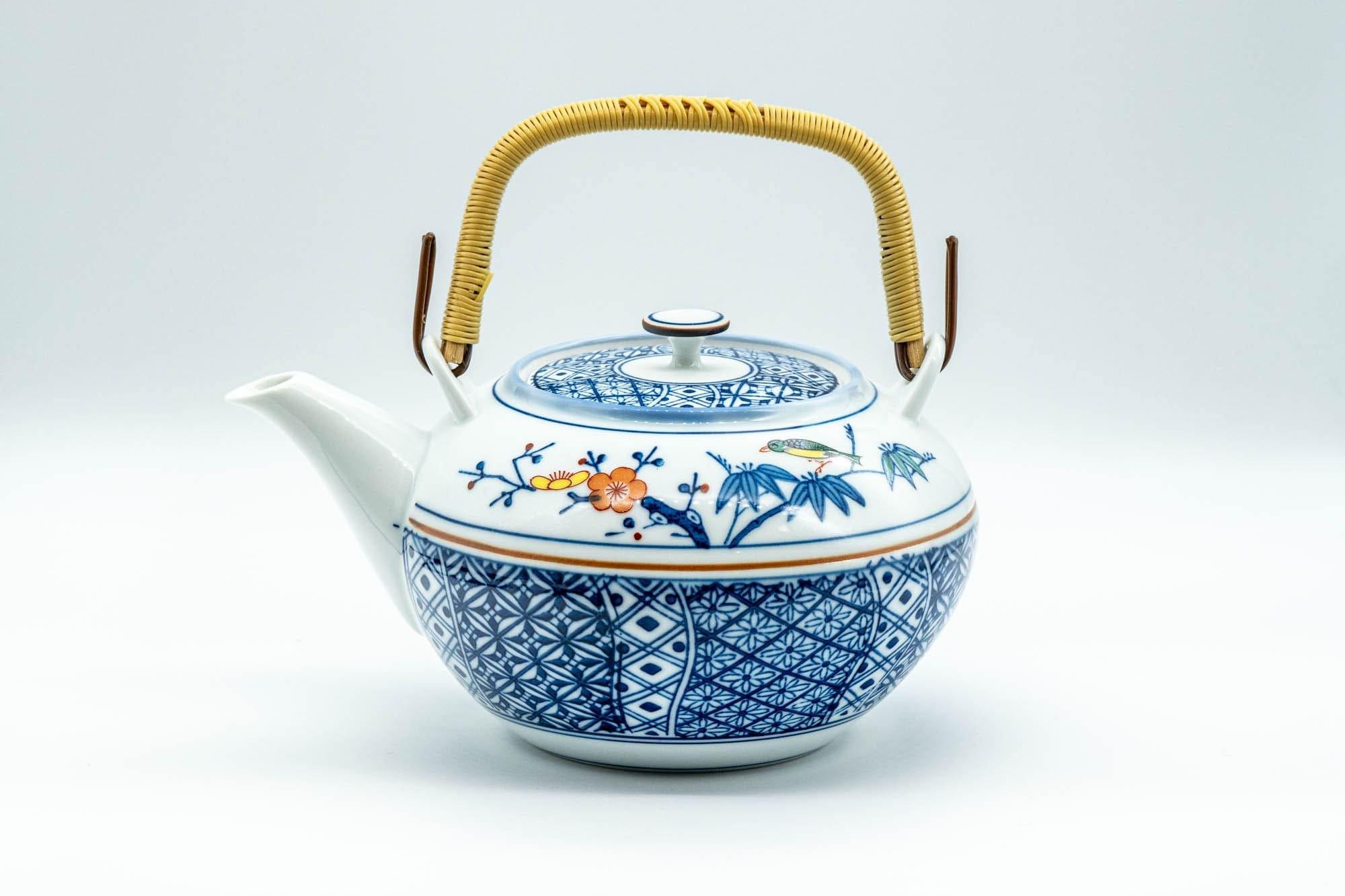 Japanese Dobin - Blue Floral Parrots White Debeso Teapot - 600ml - Tezumi