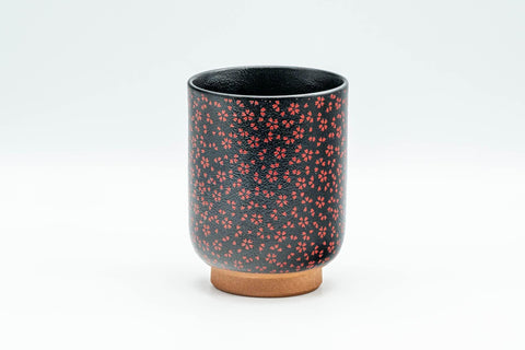 Tezumi — Japanese Teacup - Black Red Floral Tsutsu-gata Yunomi  - 180ml — front view