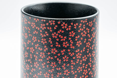 Tezumi — Japanese Teacup - Black Red Floral Tsutsu-gata Yunomi  - 180ml — tipped to show the interior