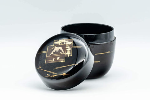 Tezumi — Japanese Natsume - Mt. Fuji Black Lacquer Matcha Tea Caddy - 100ml — front view with the lid on
