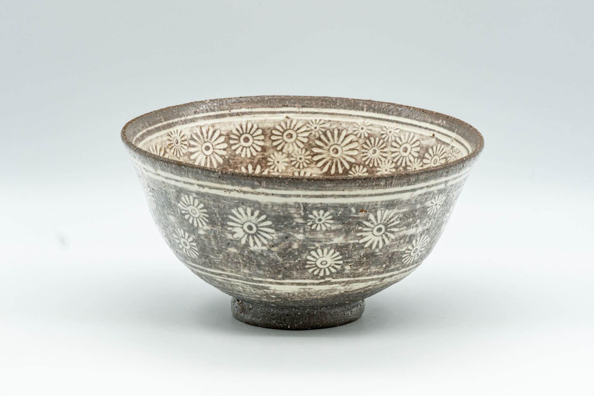 Japanese Matcha Bowl - Floral Mishima Grey White Glazed Chawan - 350ml - Tezumi