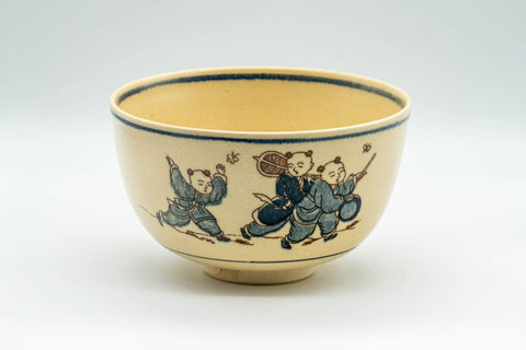 Japanese Matcha Bowl - Blue Trim Playful Villagers Kyo-yaki Chawan - 400ml - Tezumi