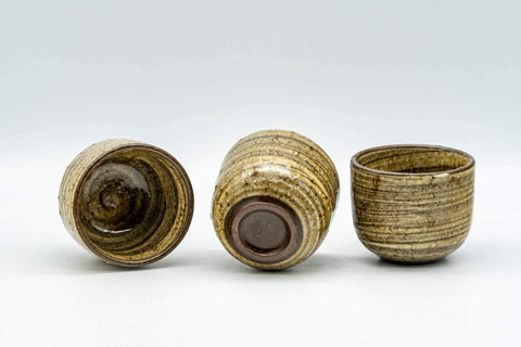 Tezumi — Japanese Teacups - Set of 3 Yellow Brown Striped Guinomi - 40ml — front view from another angle