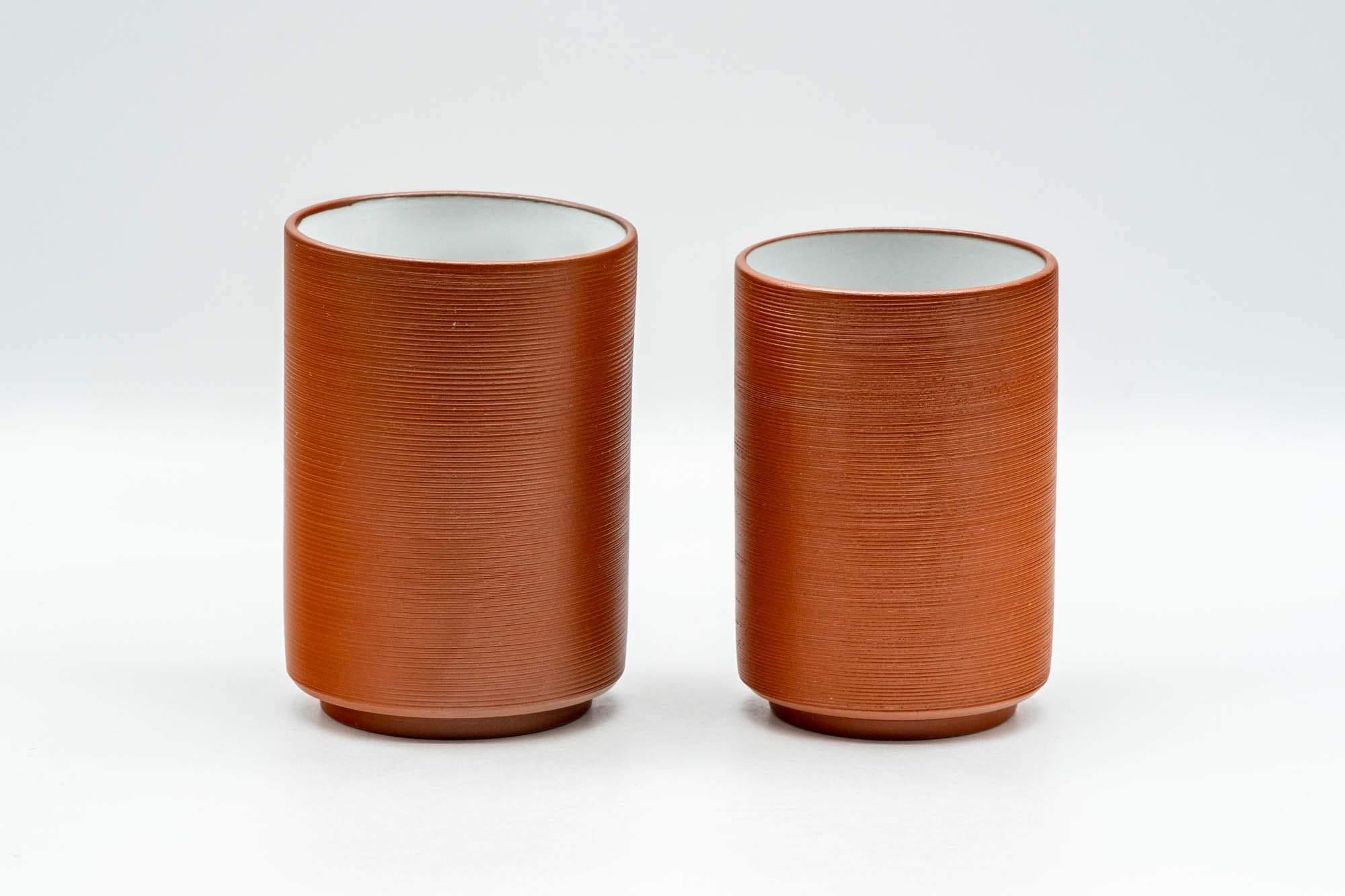 Japanese Teacups - Pair of Bamboo Striped White Glazed Tokoname-yaki Meoto Yunomi - Tezumi