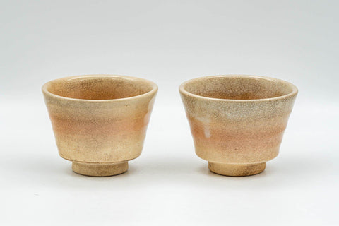 Tezumi — Japanese Teacups - Pair of Beige and Peach Asagao-gata Hagi-yaki Yunomi - 100ml — front view from another angle