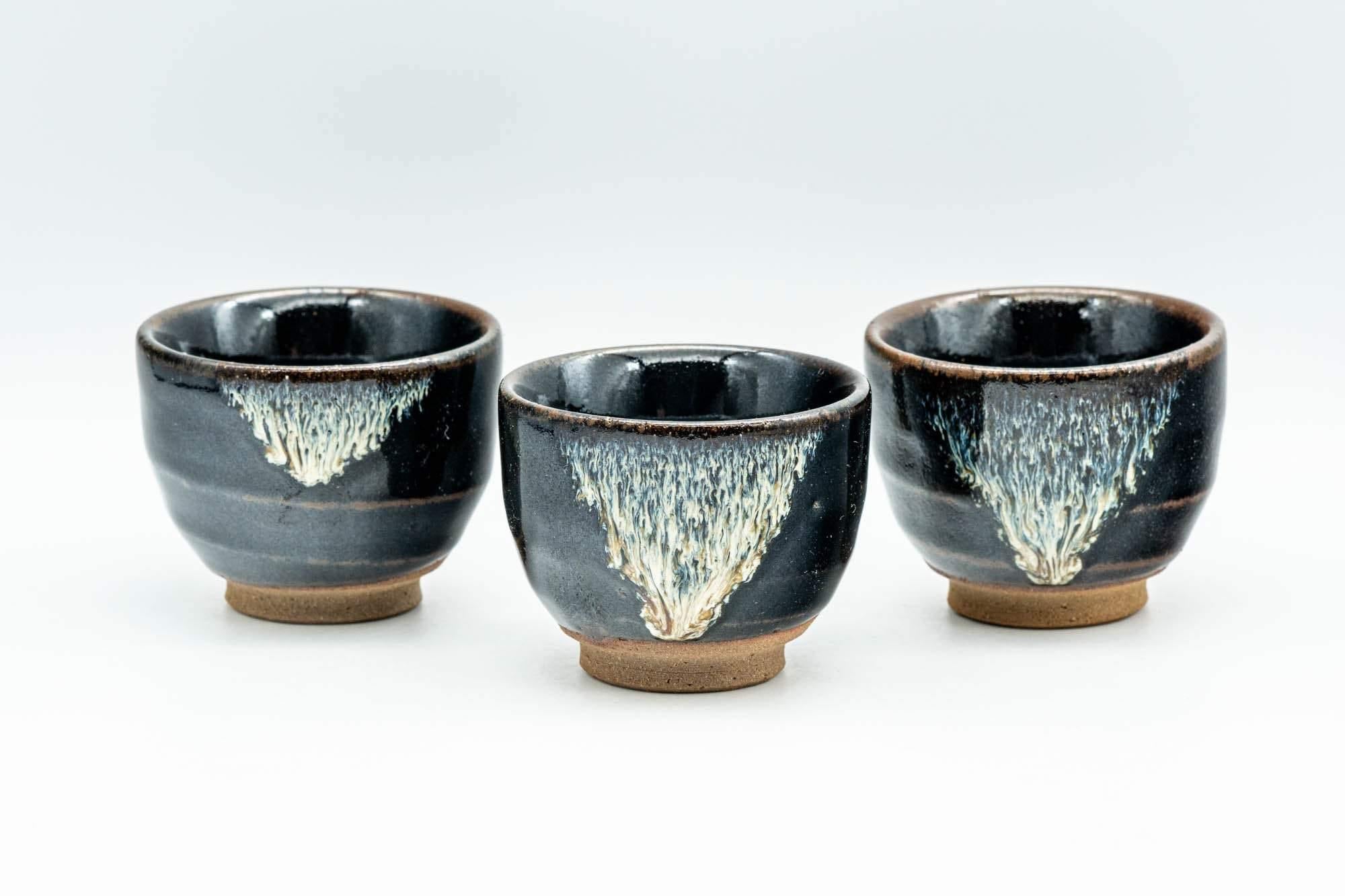 Japanese Teacups - Set of 3 Jet Black Hare's Fur Drip-Glazed Yunomi - 60ml - Tezumi