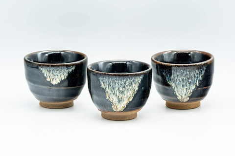 Tezumi — Japanese Teacups - Set of 3 Jet Black Hare's Fur Drip-Glazed Yunomi - 60ml — front view from another angle