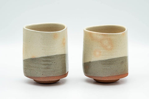 Tezumi — Japanese Teacups - Pair of Beige Sankaku-gata Triangular Yunomi - 200ml — front view from another angle