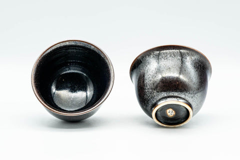 Tezumi — Japanese Teacups - Pair of Shiny Black Glazed Yunomi - 100ml — front view from another angle