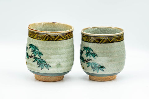 Japanese Teacups - Pair of Floral Celadon Glazed Meoto Yunomi - Tezumi