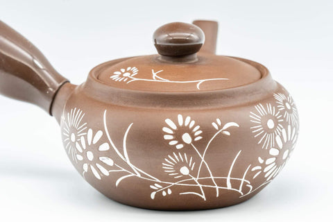 Japanese Kyusu - Floral White and Brown Teapot with Rubber Grip - 250ml - Tezumi
