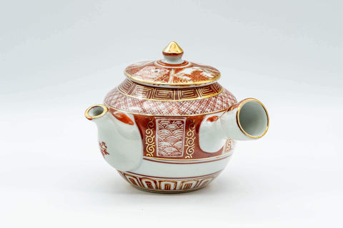 Tezumi — Japanese Kyusu - Red and Golden Geometric Patterned Katani-yaki Debeso Teapot - 200ml — three-quarter view from the opposite side