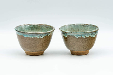 Japanese Teacups - Pair of Teal Drip-Glazed Agano-yaki Yunomi - 100ml - Tezumi
