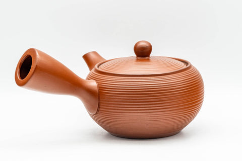 Japanese Tea Set - Red Tokoname-yaki Debeso Kyusu Teapot and 5 Bamboo Yunomi Teacups in Wooden Box