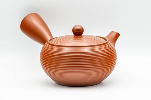 Japanese Tea Set - Red Tokoname-yaki Debeso Kyusu Teapot and 5 Bamboo Yunomi Teacups in Wooden Box