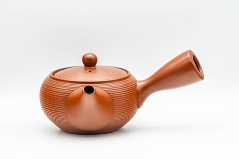 Japanese Tea Set - Red Tokoname-yaki Debeso Kyusu Teapot and 5 Bamboo Yunomi Teacups in Wooden Box