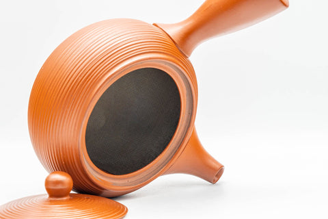 Japanese Tea Set - Red Tokoname-yaki Debeso Kyusu Teapot and 5 Bamboo Yunomi Teacups in Wooden Box