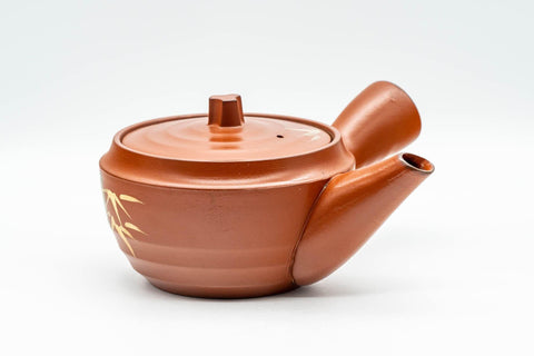 Tezumi — Japanese Tea Set - Gold Bamboo Tokoname-yaki Debeso Kyusu Teapot with 5 Yunomi Teacups — the teapot in three-quarter view