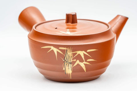 Tezumi — Japanese Tea Set - Gold Bamboo Tokoname-yaki Debeso Kyusu Teapot with 5 Yunomi Teacups — closeup of the decoration
