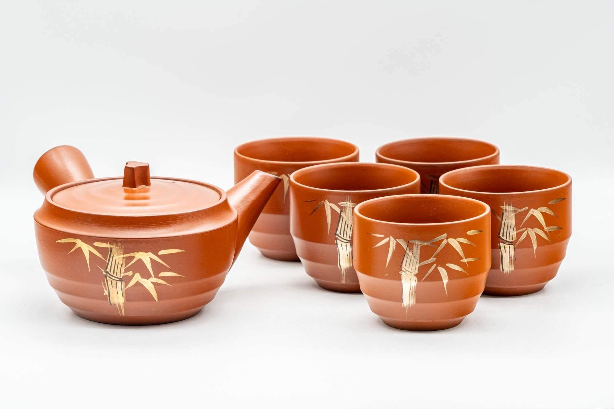 Japanese Tea Set - Gold Bamboo Tokoname-yaki Debeso Kyusu Teapot with 5 Yunomi Teacups - Tezumi