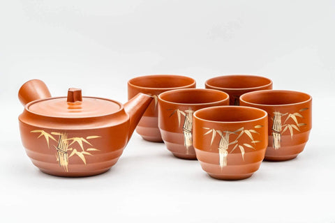 Tezumi — Japanese Tea Set - Gold Bamboo Tokoname-yaki Debeso Kyusu Teapot with 5 Yunomi Teacups — the full set arranged together
