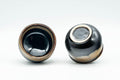 Tezumi — Japanese Teacups - Pair of Black Brown Hare's Fur Glazed Guinomi - 50ml — three-quarter view