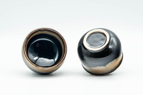 Tezumi — Japanese Teacups - Pair of Black Brown Hare's Fur Glazed Guinomi - 50ml — three-quarter view