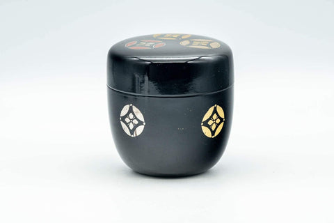 Tezumi — Japanese Natsume - Gold and Red Emblemed Black Lacquer Matcha Tea Caddy - 100ml — lid removed beside the body