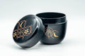 Tezumi — Japanese Natsume - Floral Geometric Black Lacquer Matcha Tea Caddy - 100ml — front view with the lid on