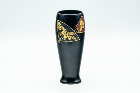 Japanese Tea Ceremony Utensil Set - Kyo-yaki Furidashi, Chakindashi, and Lacquer Chasenzutsu and Kogo - closeup of the black lacquer chasenzutsu whisk holder with gold fan motif