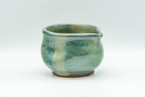 Japanese Tea Set - Green Glazed Dobin Do-ake Teapot with Katakuchi Water Cooler and 2 Yunomi Teacups - side view of one of the yunomi teacups