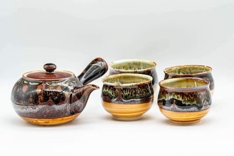 Tezumi — Japanese Tea Set - Drip Glazed Arita-yaki Debeso Kyusu Teapot with 4 Yunomi Teacups — the full set arranged together